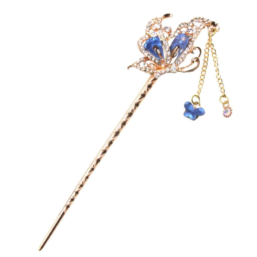 Miaomyoa Single Hair Ornament for Kimono and Traditional Japanese Antique Exotic Flower Pink Gold Hairpin, Clothing, Metal, Motif, Butterfly, (Blue)
