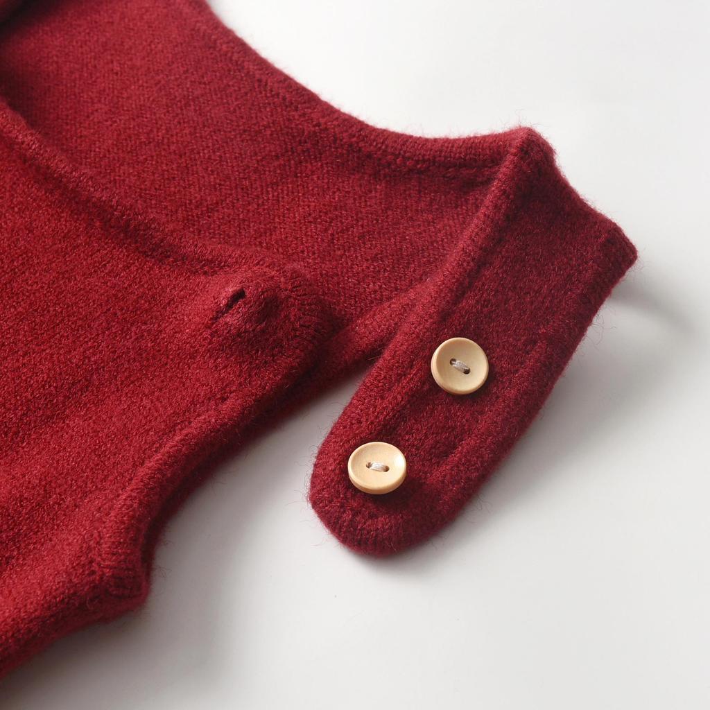 Neuer grenzüberschreitender Weihnachtsbaum Strick Baby Jumpsuit - Weinrot Wolle Doppelknopf Overall