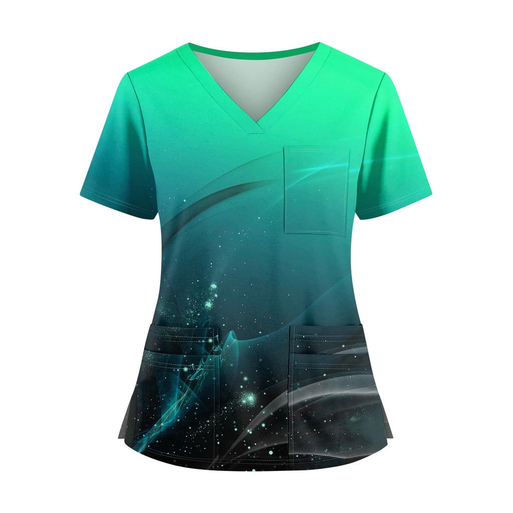 Plus SizePrinted Scrub Working Uniform Tops For Women's Cross V-Neck Halloween Print Short Sleeve Fun T-Shirts Workwear Tee With Pockets