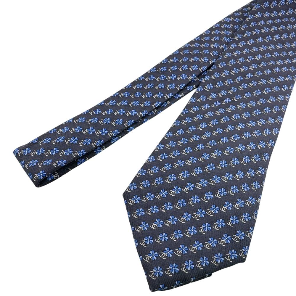 Chanel COCO Mark Business Commuting Flour Silk Tie Navy Silk Used