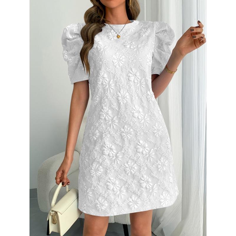 Summer Puff Short Sleeve Textured Jacquard Fashion Dress New Women Crew Neck Retro Elegant A-line Party Short Dress Female Slim Fit Loose Streetwear