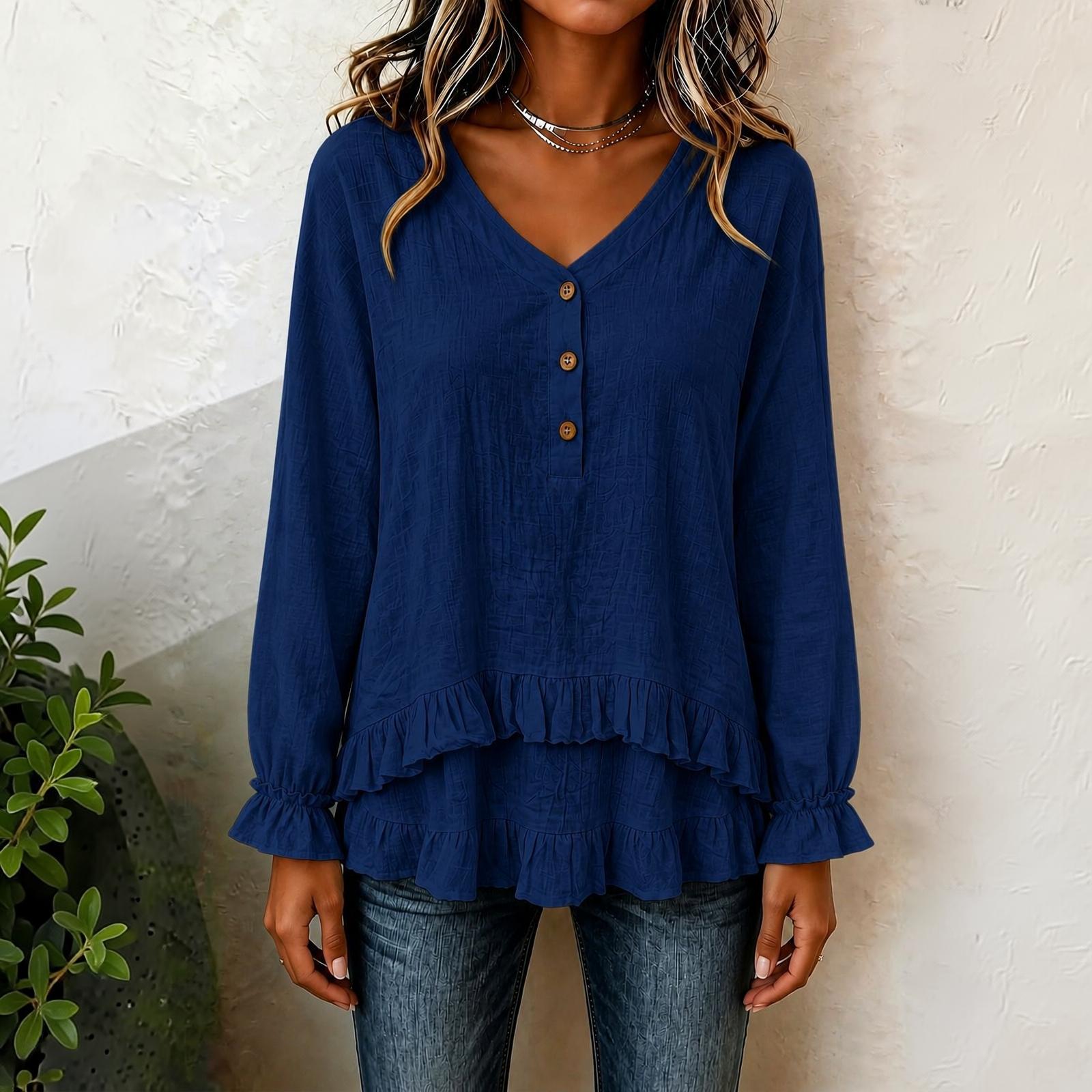 Women s Long Sleeve Ruffled V-Neck Blouse with Asymmetric L