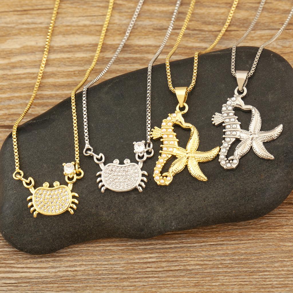 Nidin New Fashion Seahorse/Starfish/Jellyfish/Crab Inlaid Zircon Beach Charms Pendant Necklace For Women Men Jewelry Wholesale