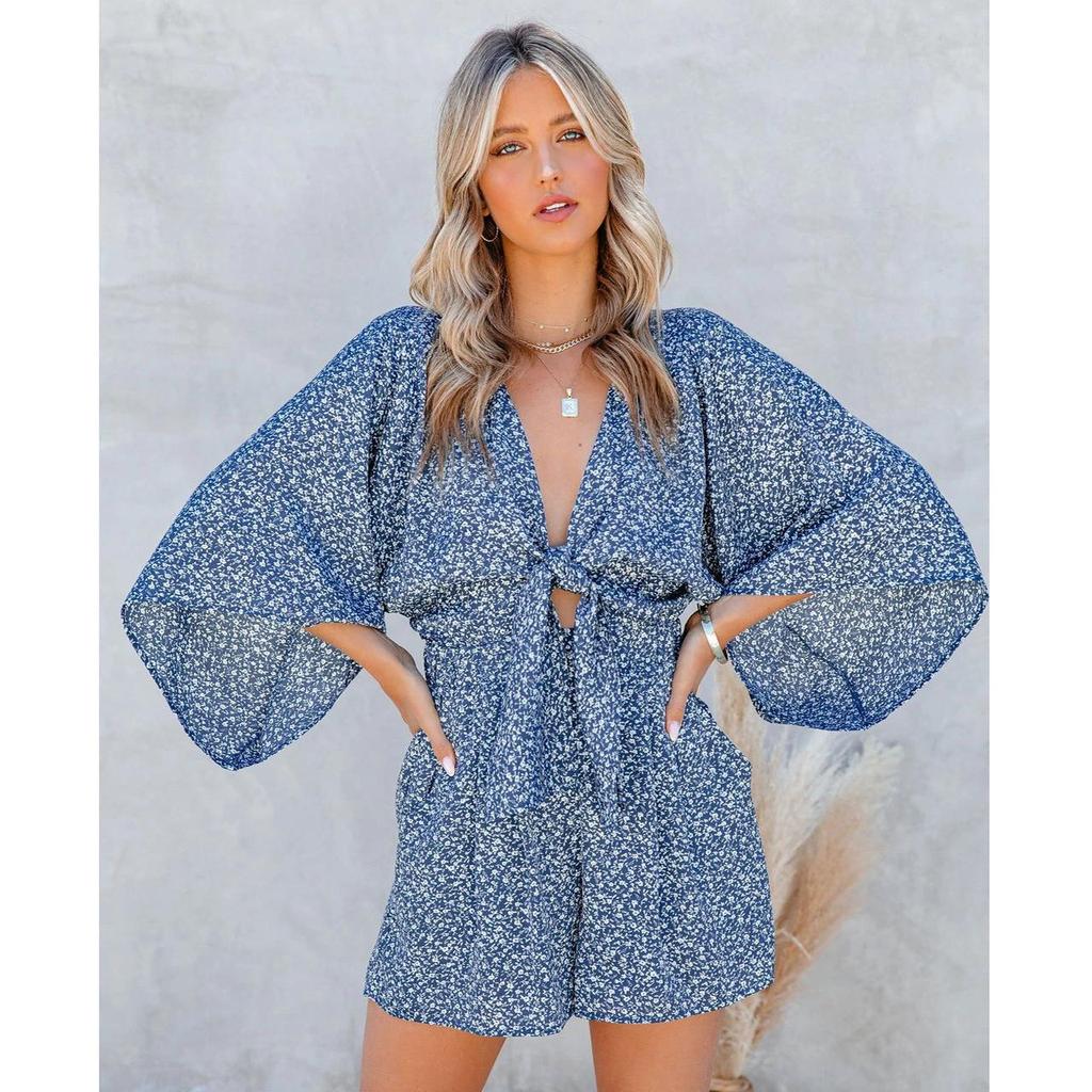 Women Holiday Leopard Print Casual Long Sleeve Depp V Neck Loose Jumpsuit