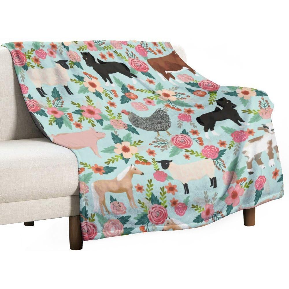 Farm Animal Sanctuary Pig Chicken Cows Horses Sheep Floral Flannel Throw Blanket Warm Shaggy Air Conditioned Blankets for Couch