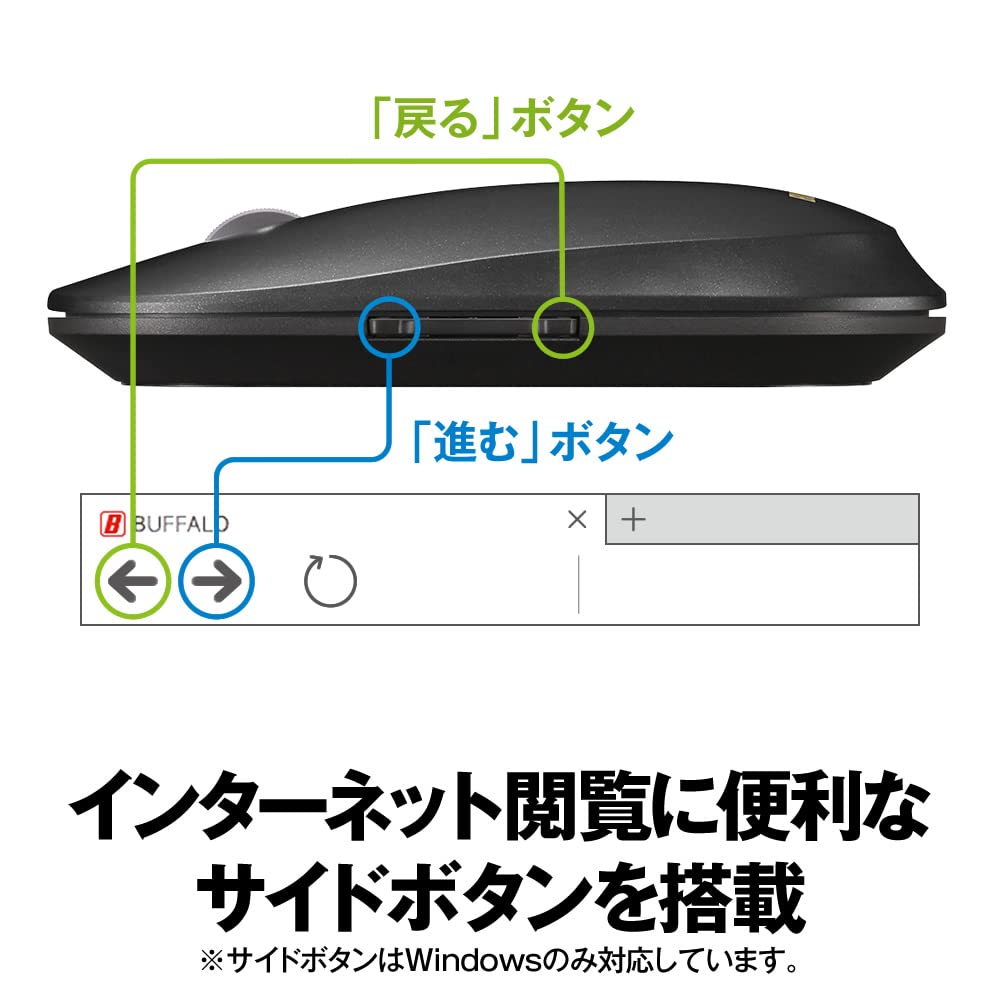 Buffalo Wireless Mobile Mouse Receiver Included FLEXUS Thin and Light 5 Buttons with Wireless Quiet BlueLED MIL Standard Compliant DPI Switching