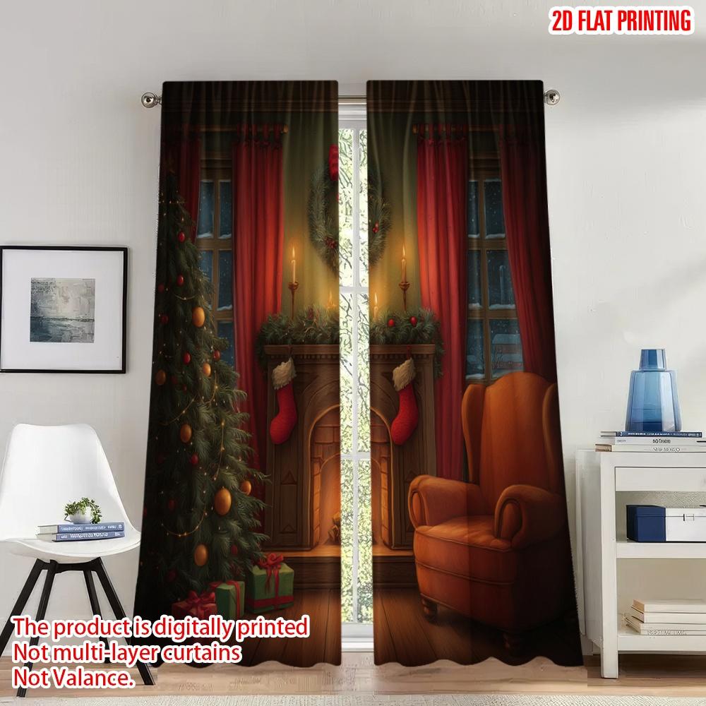 

Set Of 2 Flat Printing Merry Christmas Trendy Curtains Cozy Fireplace Scene Digital Printed Polyester Drapes Family Made W100*H70(CM)-Hooks&2PCS