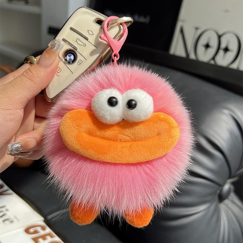 [Cute Big Mouth] Fox Hair Small Coal Ball Keychain Pendant, Pom-pom Doll, Doll Back Bag Pendant