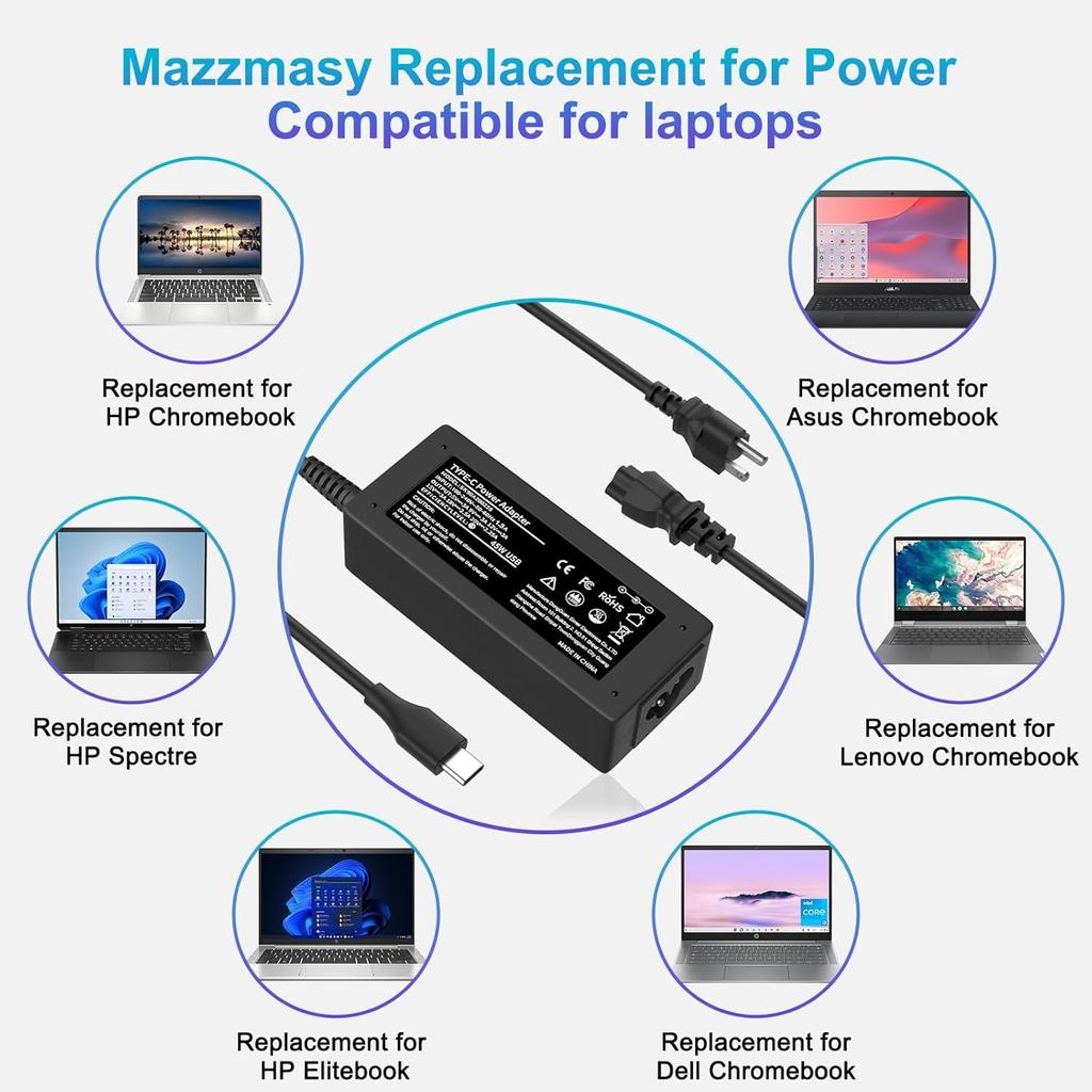 45W Chromebook Charger USB C Laptop Charger Compatible with HP Chromebook Computer Type C Fast Power Adapter