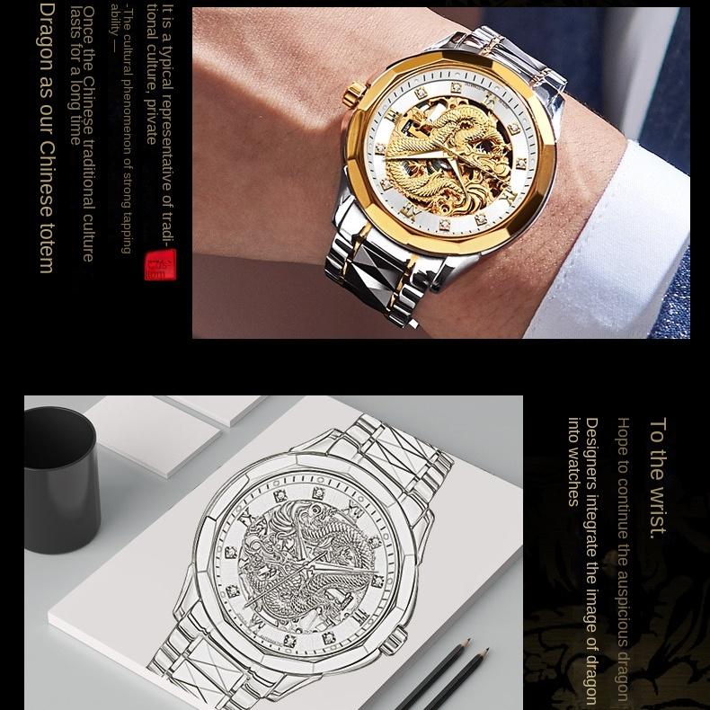 JINSHIDUN Brand Watch Automatic Mechanical Watch Tuhao Gold Dragon Watch Waterproof Glow-in-the-dark Men's Watch