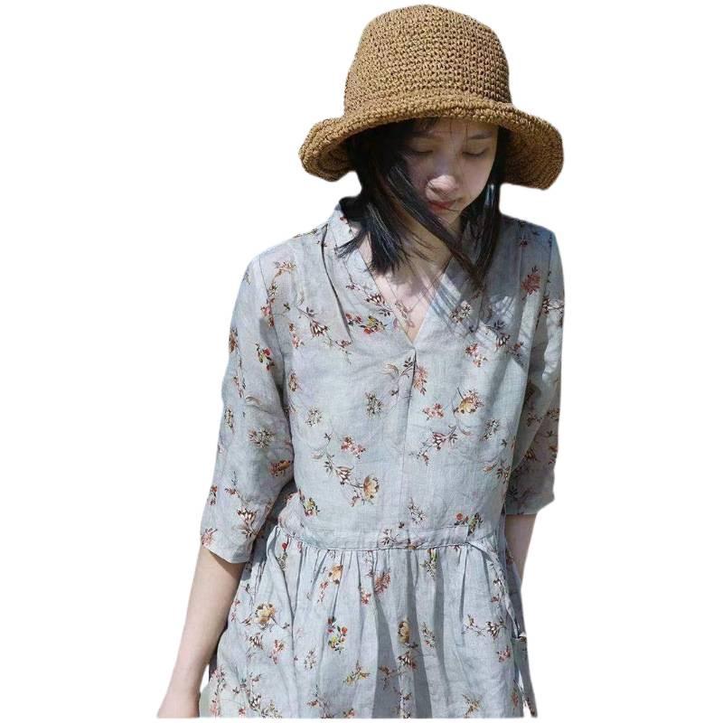 2026 Summer Waist-Cinching V-Neck Printed Cotton Linen Dress – Women's Fashionable Casual Mid-Length Skirt with Short Sleeves