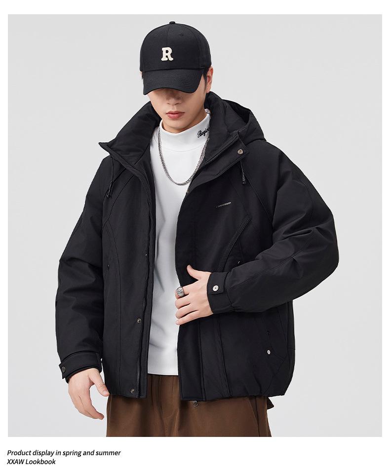 Mu Yuan Men's Deconstructed Hooded Windbreaker Down Jacket - Trendy American Brand Winter Outerwear with White Duck Down.
