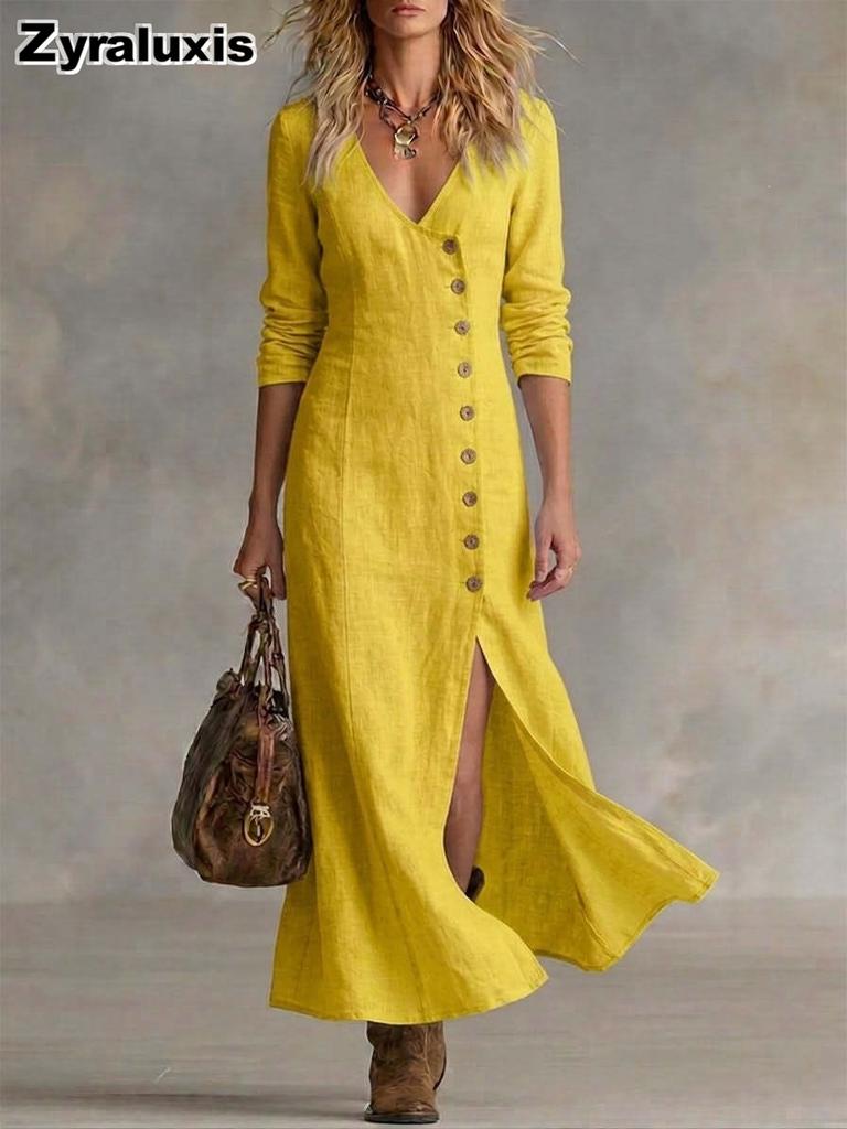 New Spring Summer Fashion Casual Cotton Linen Long Sleeve Buttoned Collar Women's Dress