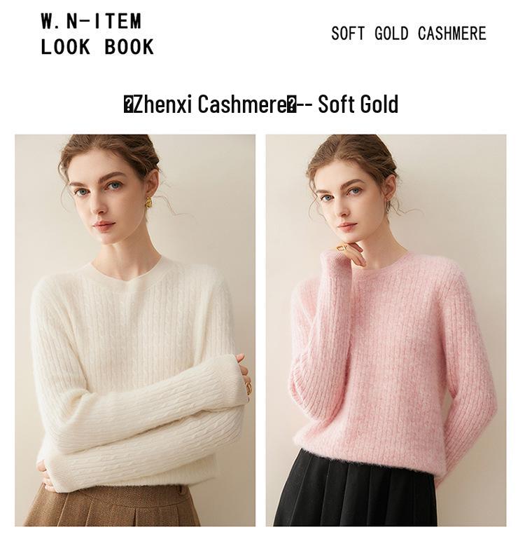 Women's 100% Cashmere Cable Knit Sweater: Winter 2026 Loose Pullover with Round Neck and Long Sleeves