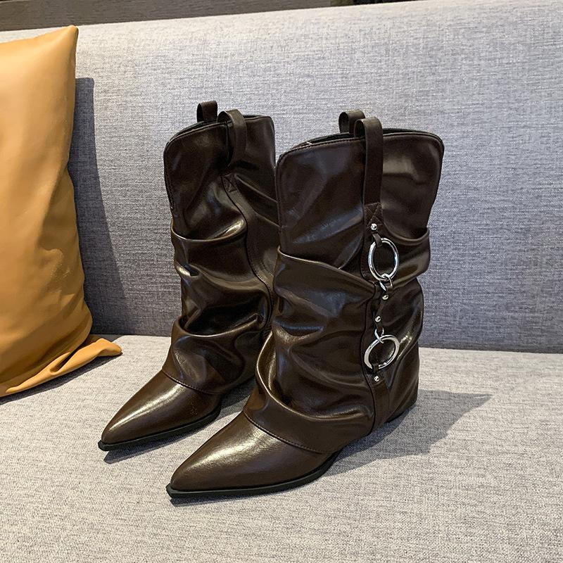 2025 new retro pointed metal buckle pleated short boots thick heel trouser tube boots women's pile boots brown wide boots