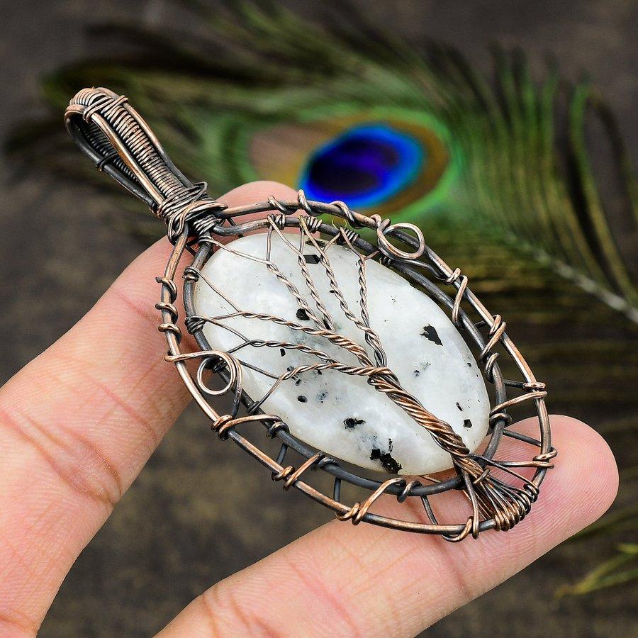 Rainbow Moonstone Gemstone Copper Wire Wrap Jewelry Pendant 3.35"