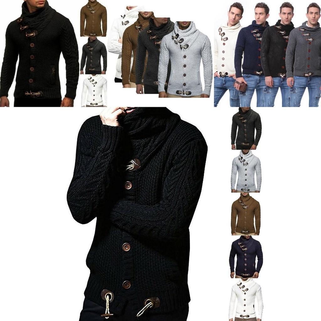 Elegant Men Long Sleeve Knitted Sweater With Horn Buttons And Turtleneck Coat Cardigan