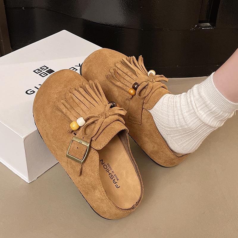 Retro Style Tassel Bag Head Half Slippers Women's 2025 Autumn New Flat-bottomed Lazy Belt Buckle Beaded Matte Slippers