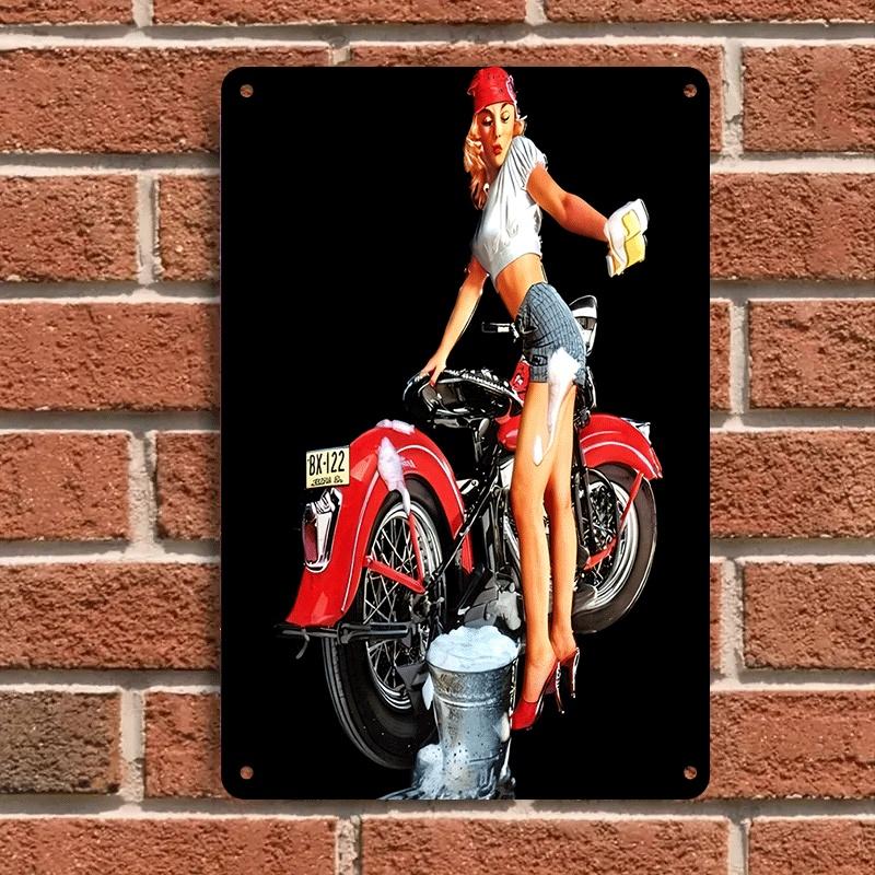 1 Piece: Retro-style Motorcycle and Beautiful Woman Tin Painting, Living Room/bar Wall Decoration, Creative Home Wall Decoration