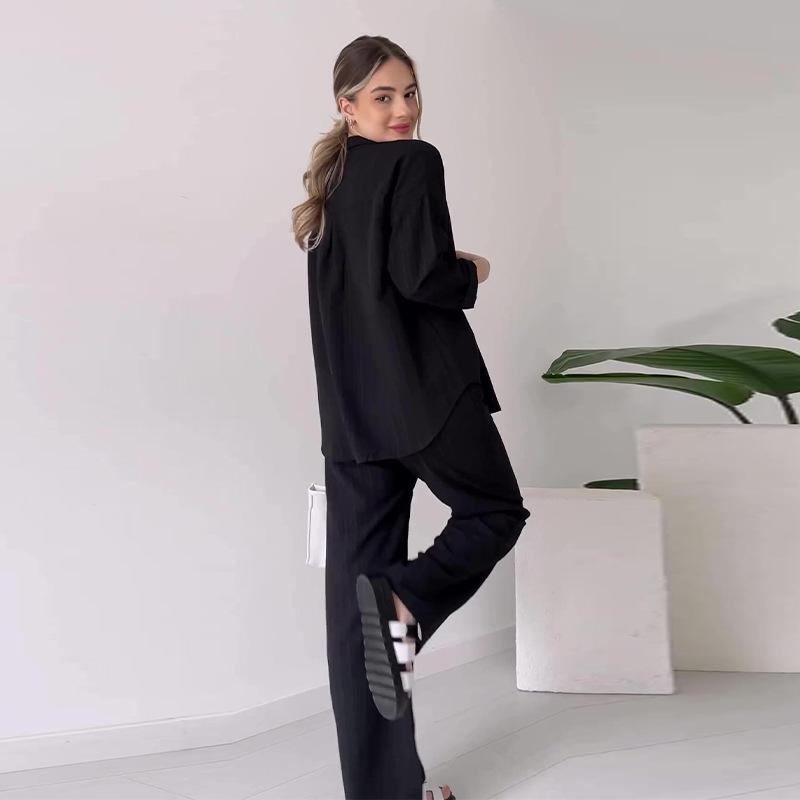 2024 Autumn European & American Women's Solid Color Casual Top and Drawstring Pants Set