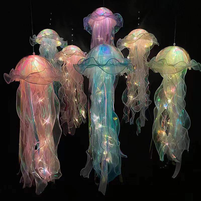 Colorful Luminous Jellyfish Lantern with Flashing Lights and Streamers for Night Markets