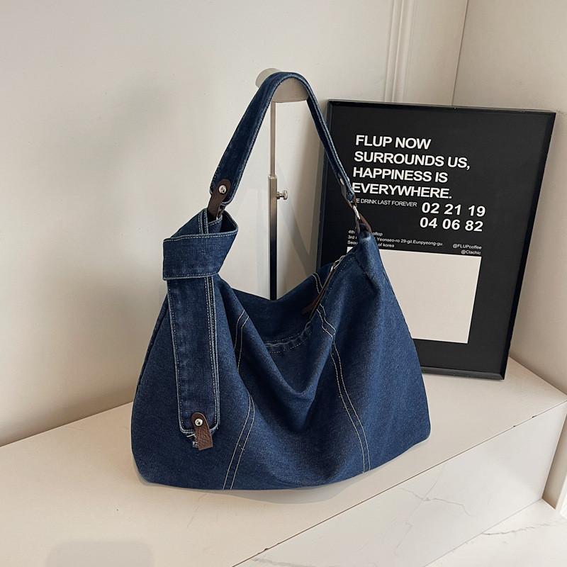 Denim Tote Bag For Women Large Capacity Casual Street Style With Zipper Closure