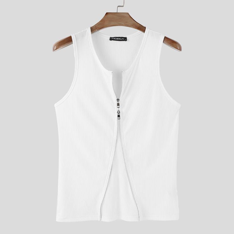 

INCERUN Men Summer Round Neck Sleeveless Zip-up Casual Fitted Rib Tank Tops 2XL белый