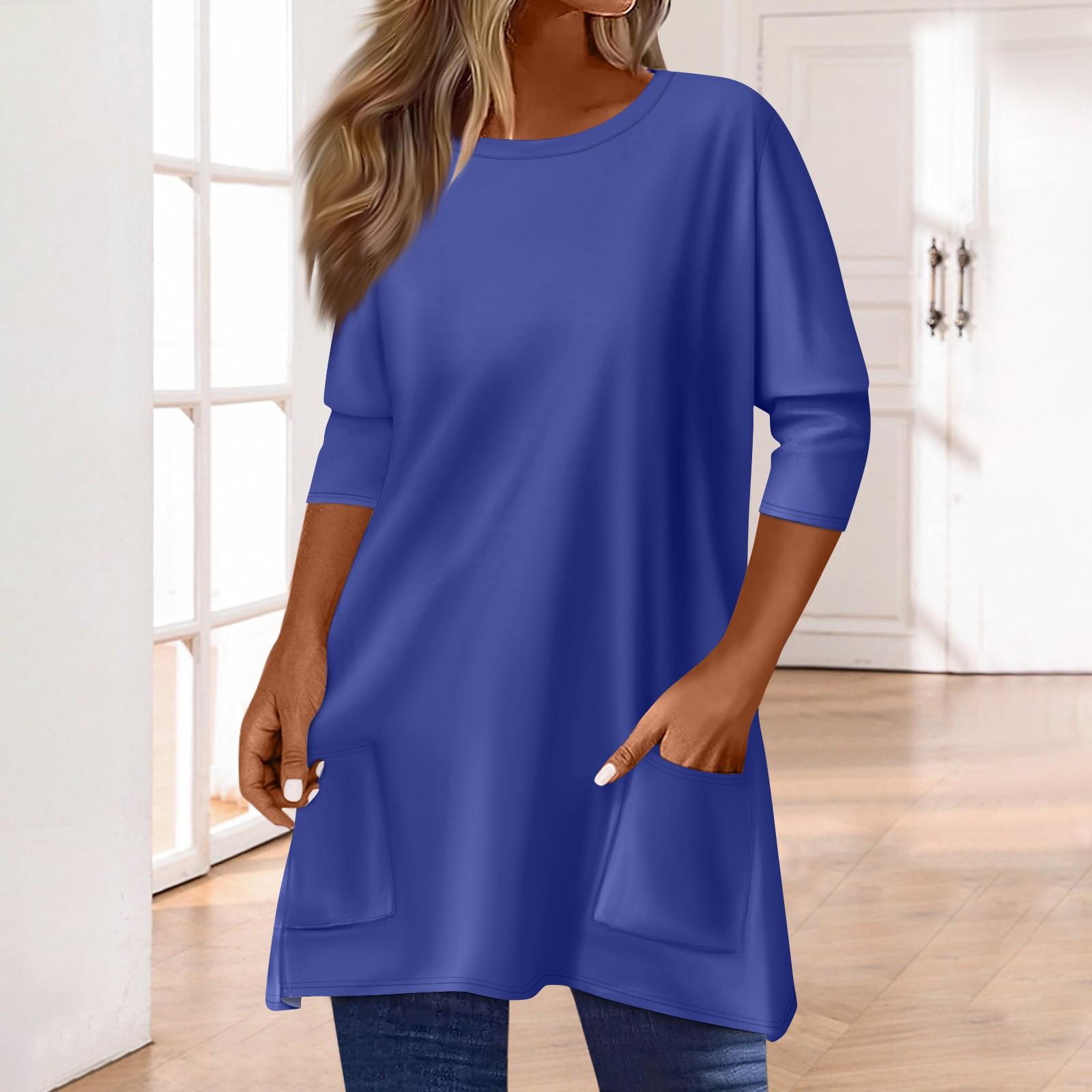 

Жіночі топи з кишенями з рукавом 3/4, футболка, повсякденний принт, топи середньої довжини, футболка, пуловер з круглим вирізом, блузка L синій