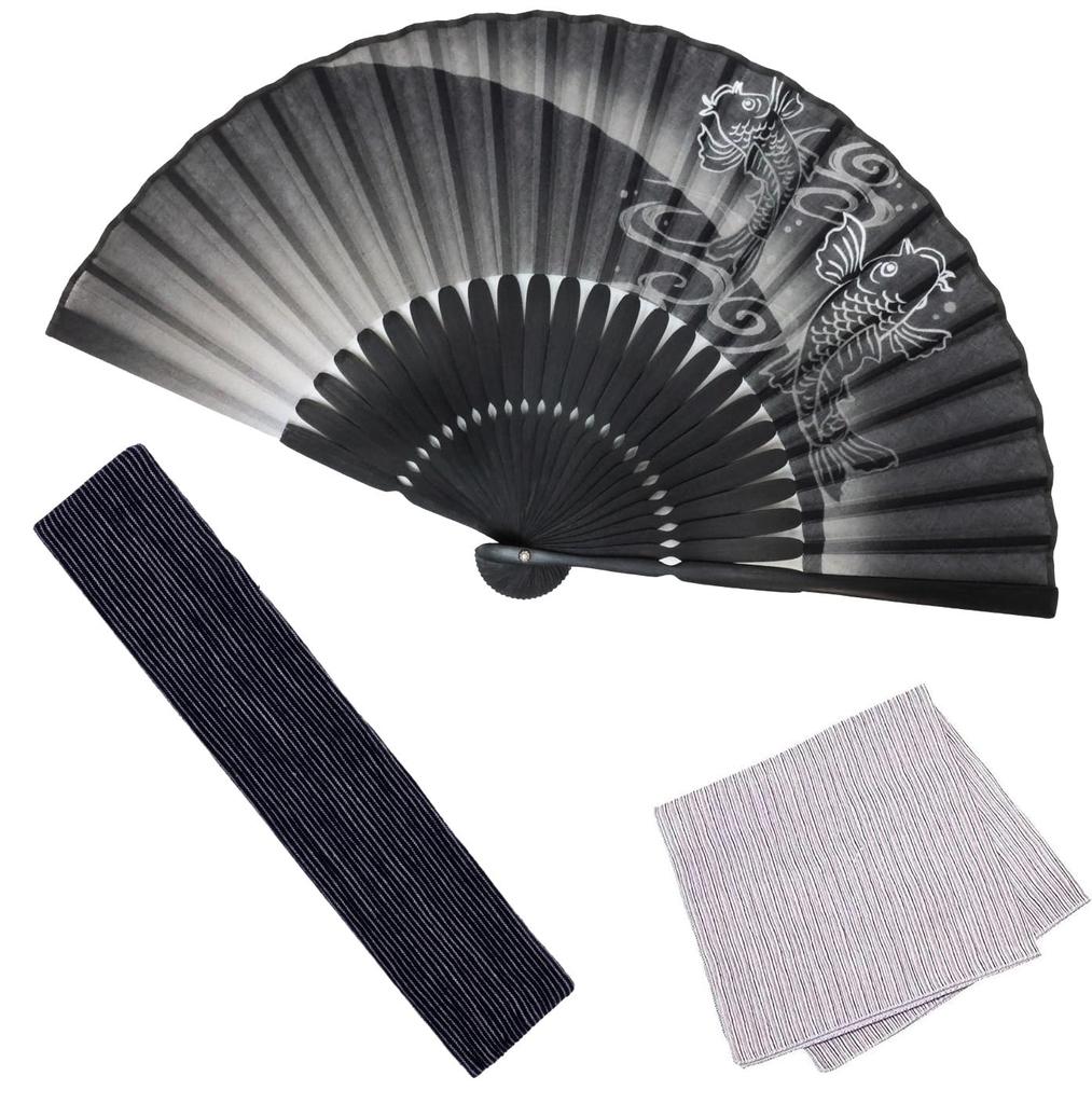 Stylish Folding Business with Folding Fan Bag and Rising Carp Design [Osaka Choseido] Men's Fan, Style, Handkerchief, (Black)