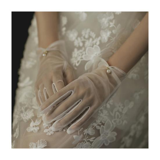 Satin Bride Gloves Short Tulle Wedding Gloves Sheer Wrist Gloves with Bow Faux Pearls for Prom Evening Opera Tea Party
