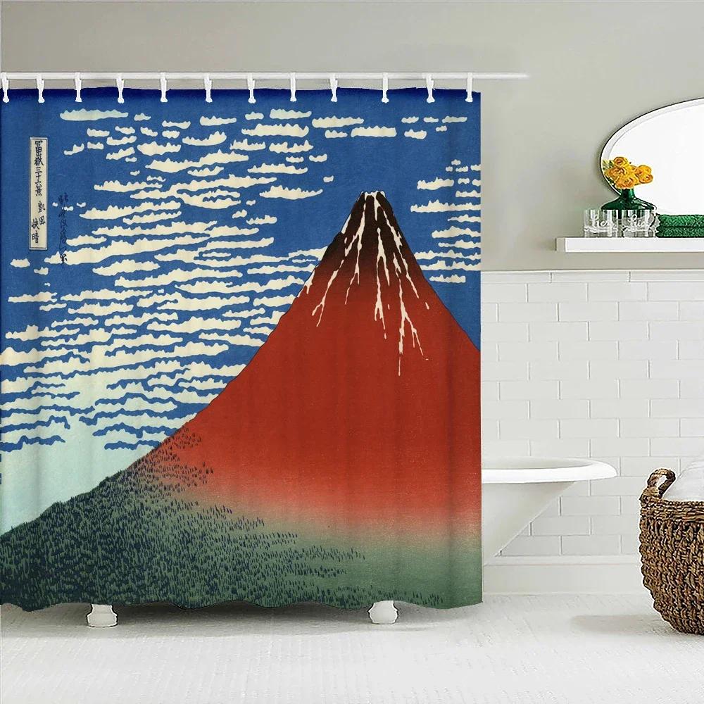 Duschvorhang im japanischen Stil 3D-Tuschemalerei Badezimmervorhang Wasserdicht mit Haken 180*240CM Duschvorhang Polyestergewebe
