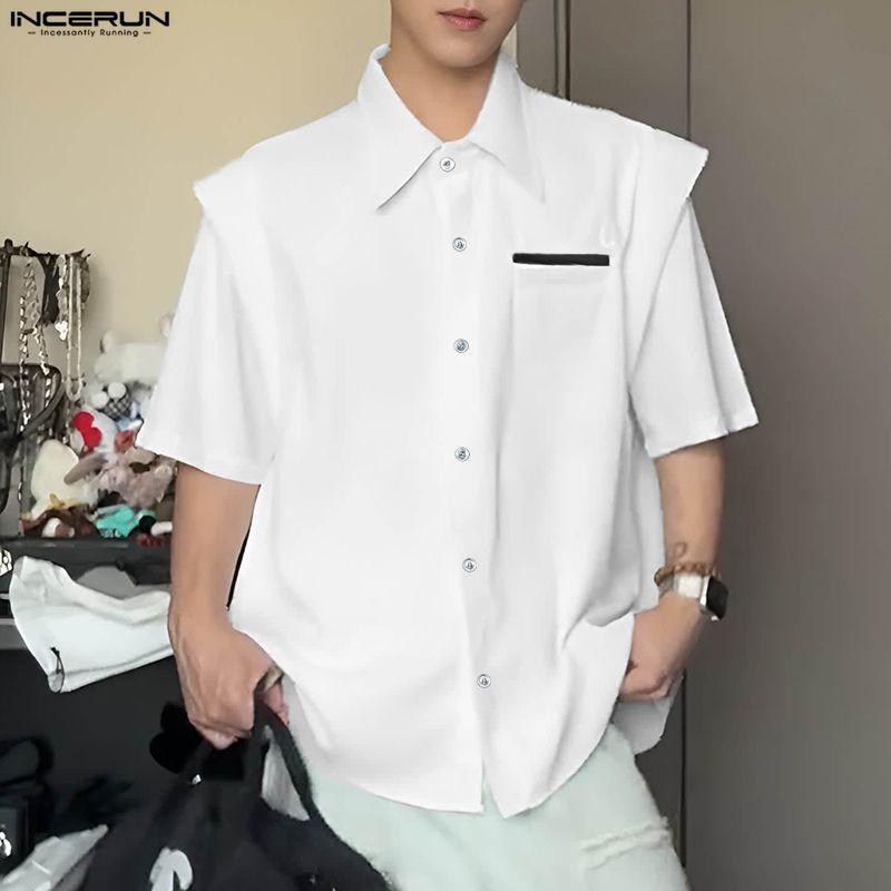 INCERUN Oversized Men Lapel Neck Short Sleeve Fake Two-piece Casual Shirts Tops