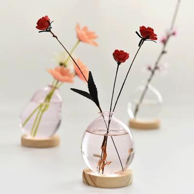 Avec Base en Bois Créatif Vase en Verre à Bulles Sphérique Rotatif Pot de Plante Hydroponique en Verre Transparent/Rose Lisse
