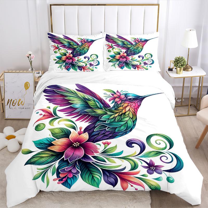 3pcs Colorful Hummingbird with Floral Wings Pattern Bedding Set, 1* Cover + 2*Pillowcases, Printed Bedding Set, Soft and Comfortable, Suitab