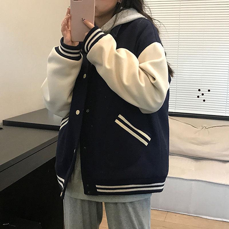 

Осенняя женская бейсбольная куртка Harajuku, повседневная свободная рубашка-бомбер с карманами и принтом в Корейском стиле, униформа, уличная одежда, топы M темно-синий