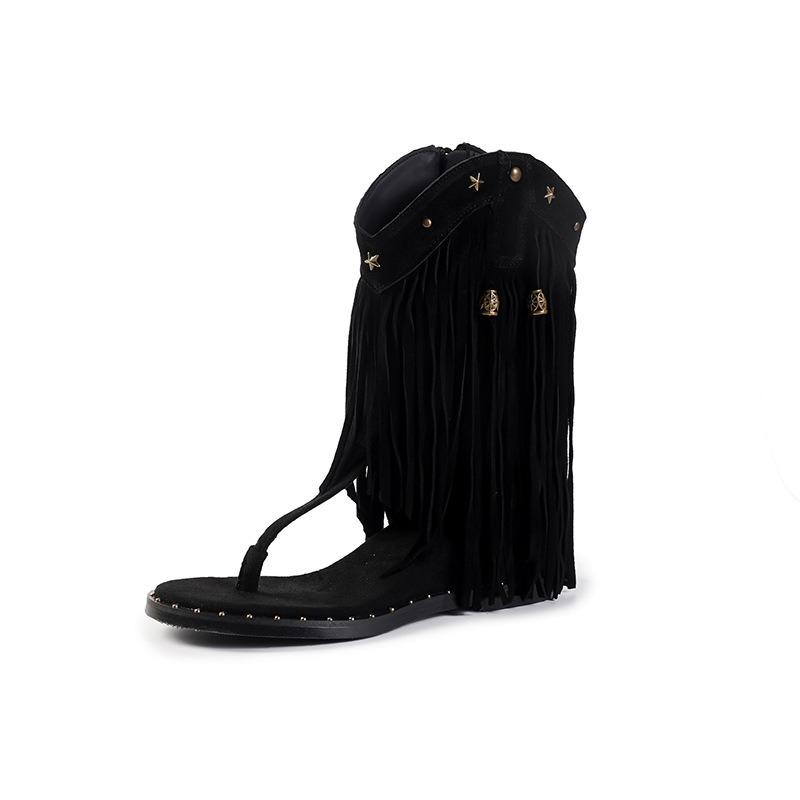 Rivet pinch foot fringed sandals women's new summer open-toe side zipper inner height increase western cool boots