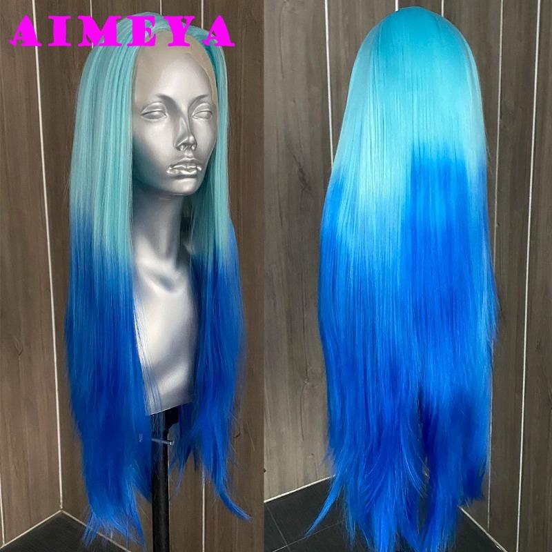 

AIMEYA Ombre Blue Wig Colored Lace Front Wigs for Women Long Silky Straight Synthetic Hair Heat Resistant Daily Use Cosplay Wig (as the picture,Lace Front)