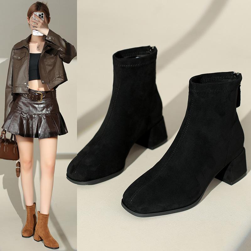 French Suede Velvet Short Boots Autumn and Winter 2025 New Square Head Thin Martin Boots Women's Elastic Thin Boots Thick Heel Boots