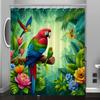 Tropical Parrot Cartoon Shower Curtain, Jungle Design, Colorful Flowers & Greenery, Machine Washable, Polyester Bathroom Decor