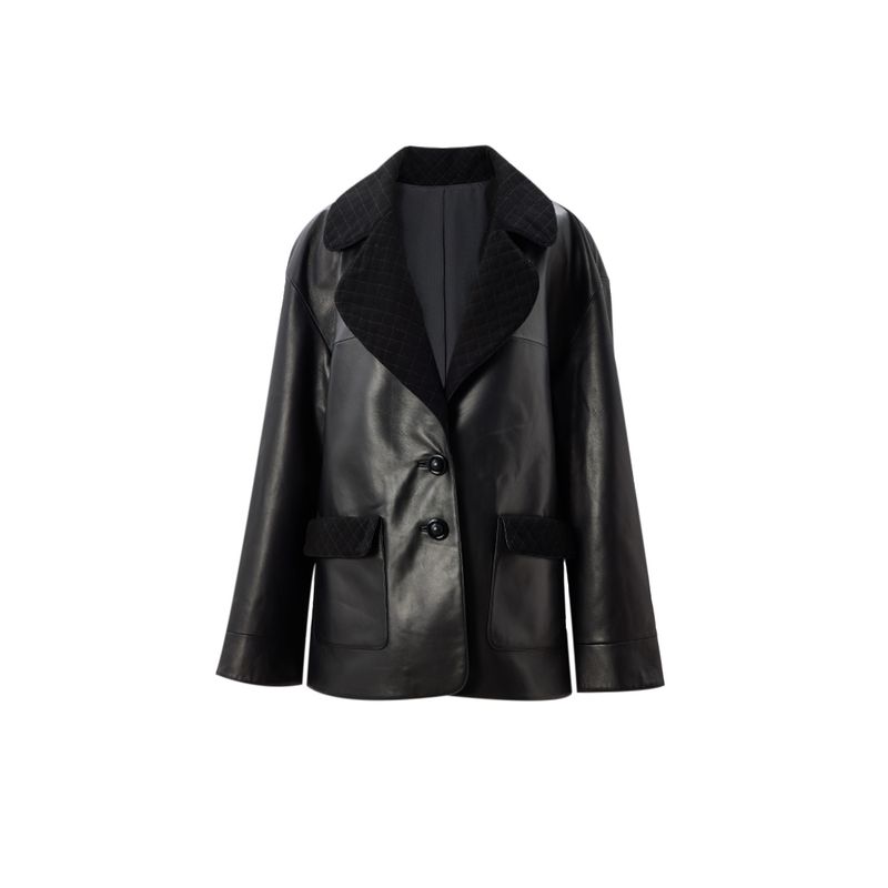 

Blacknini Yin Huafu/ Old Buddha Luxury Sheepskin Diamond Lattice Suit Collar Single-Breasted Leather Coat Leather clothing XS