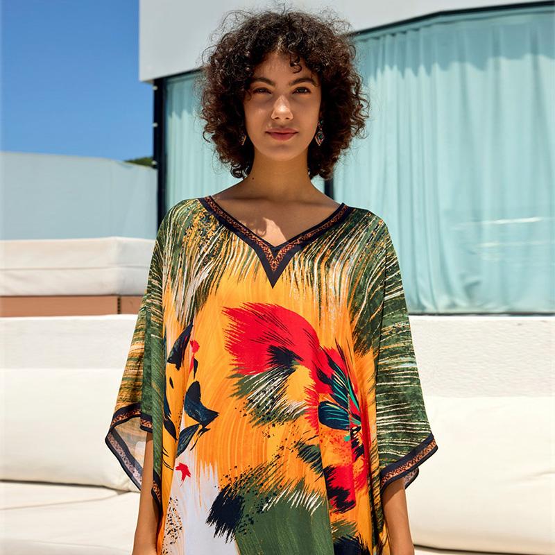 EDOLYNSA Boho Printed Plus Size Kaftan 2024 Kobiety Dekolt w Serek Rękaw Nietoperz Luźny Szlafrok Letnie Wakacje Plaża Maxi Sukienka Strój Kąpielowy Cover Up