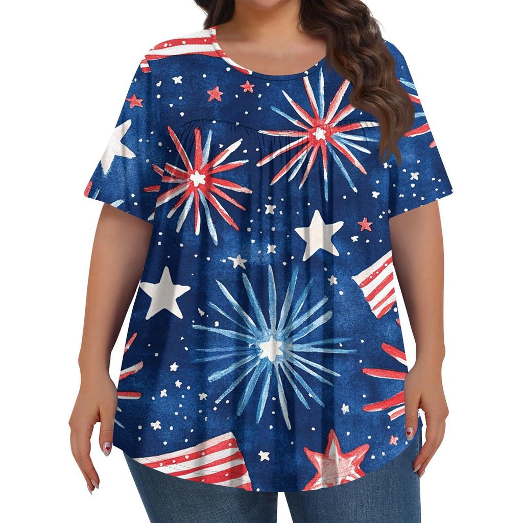 Damenmode, Übergröße, lässig, kurzärmliges Oberteil mit Rundhalsausschnitt und Falten vorne zum Unabhängigkeitstag-Aufdruck