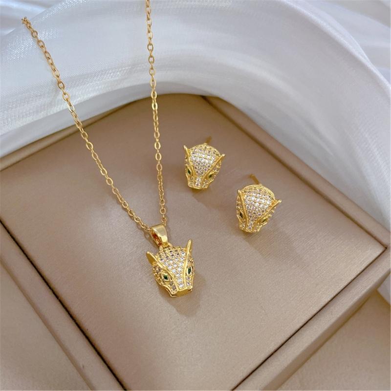 Practical Sturdy Steel Necklace And Earring Set Featuring Zircon Leopard Designs Fashion Accessory Party Supplies