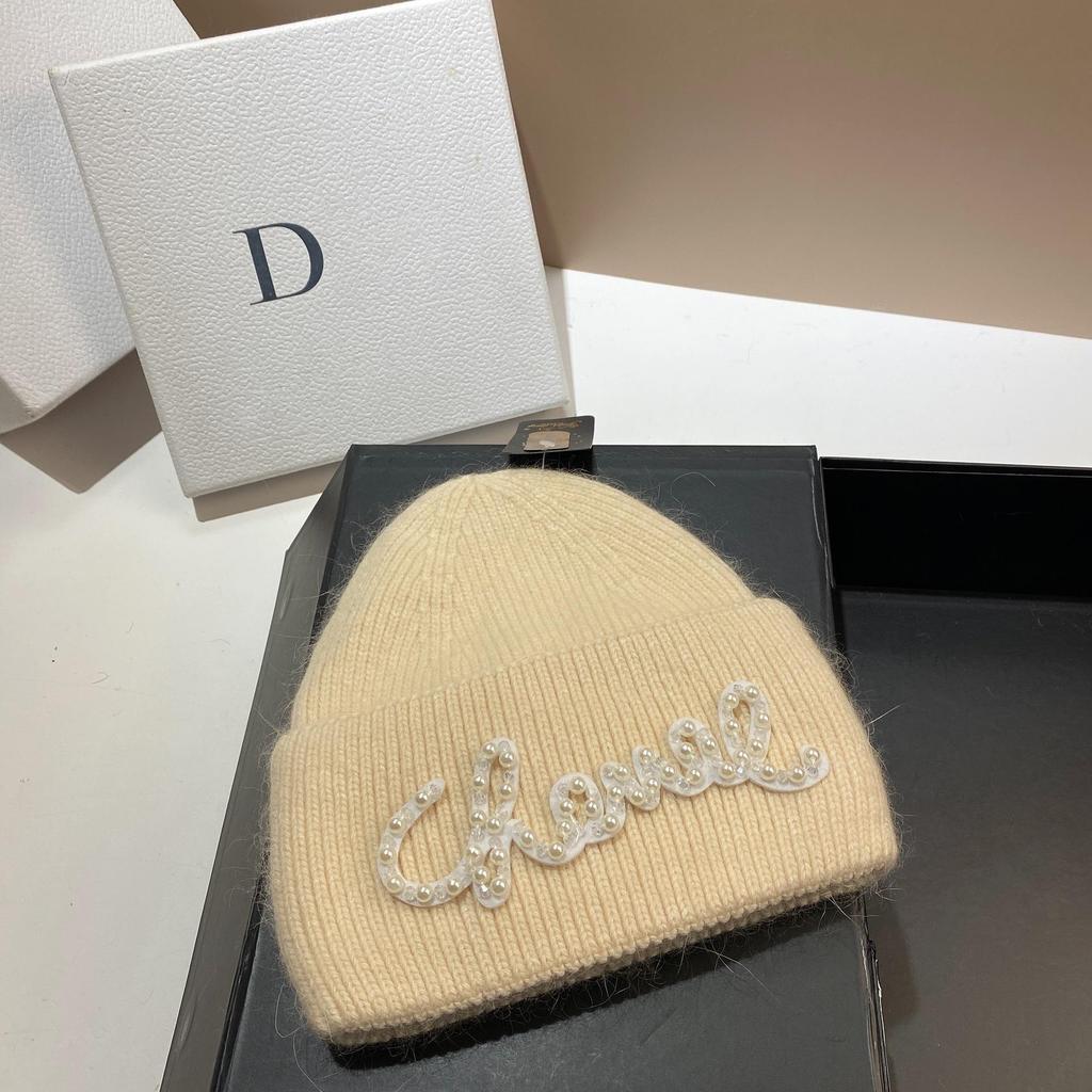 Pearl Hat Rabbit Hair Warm Knit Hat Women's Fashionable Winter Cold Hat Increase And Lengthen Double Folded Edges Hat