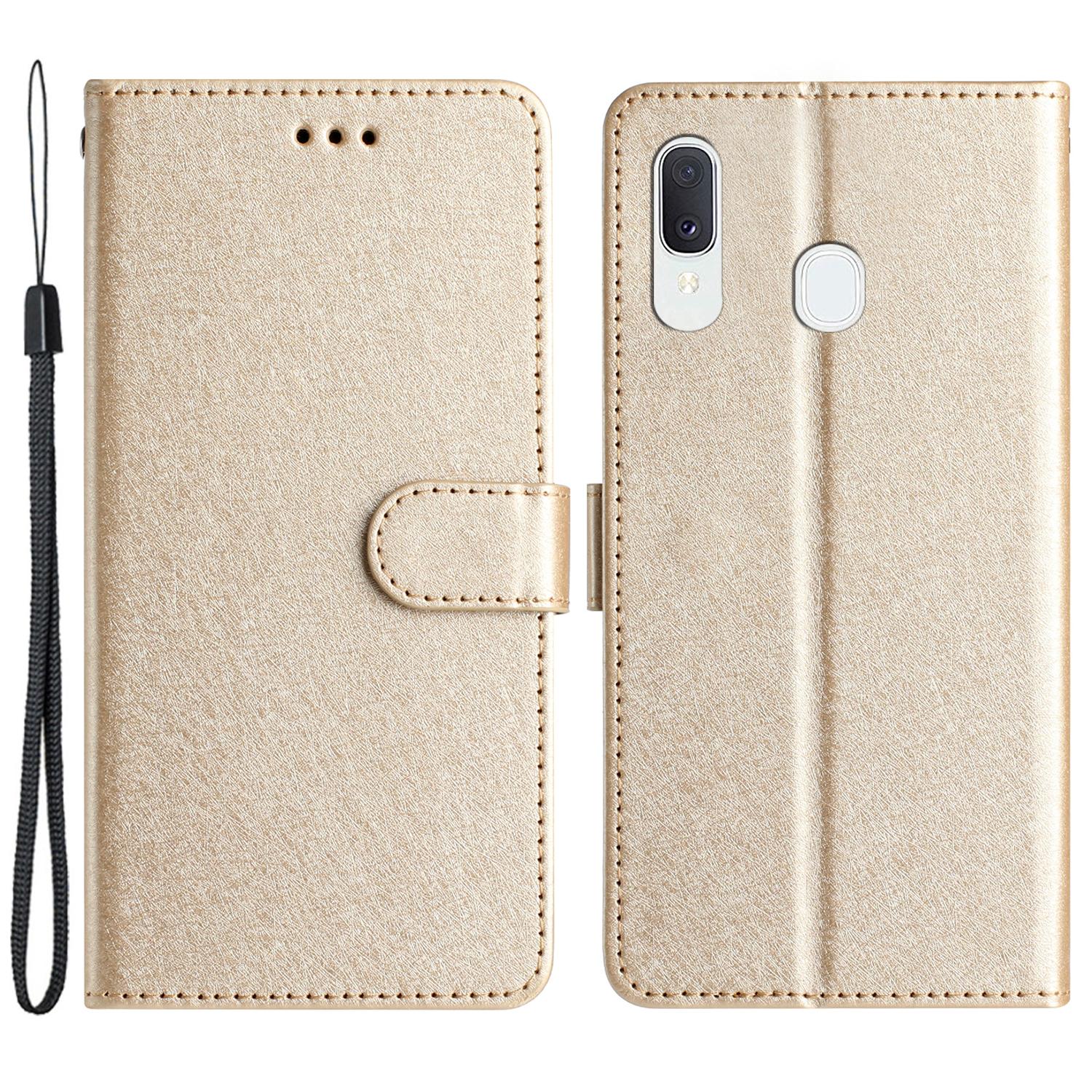 

Magnetic Clasp Case for Samsung Galaxy A20e Silk Texture Leather Wallet Stand Well-protected Shell with Hand Strap Gold