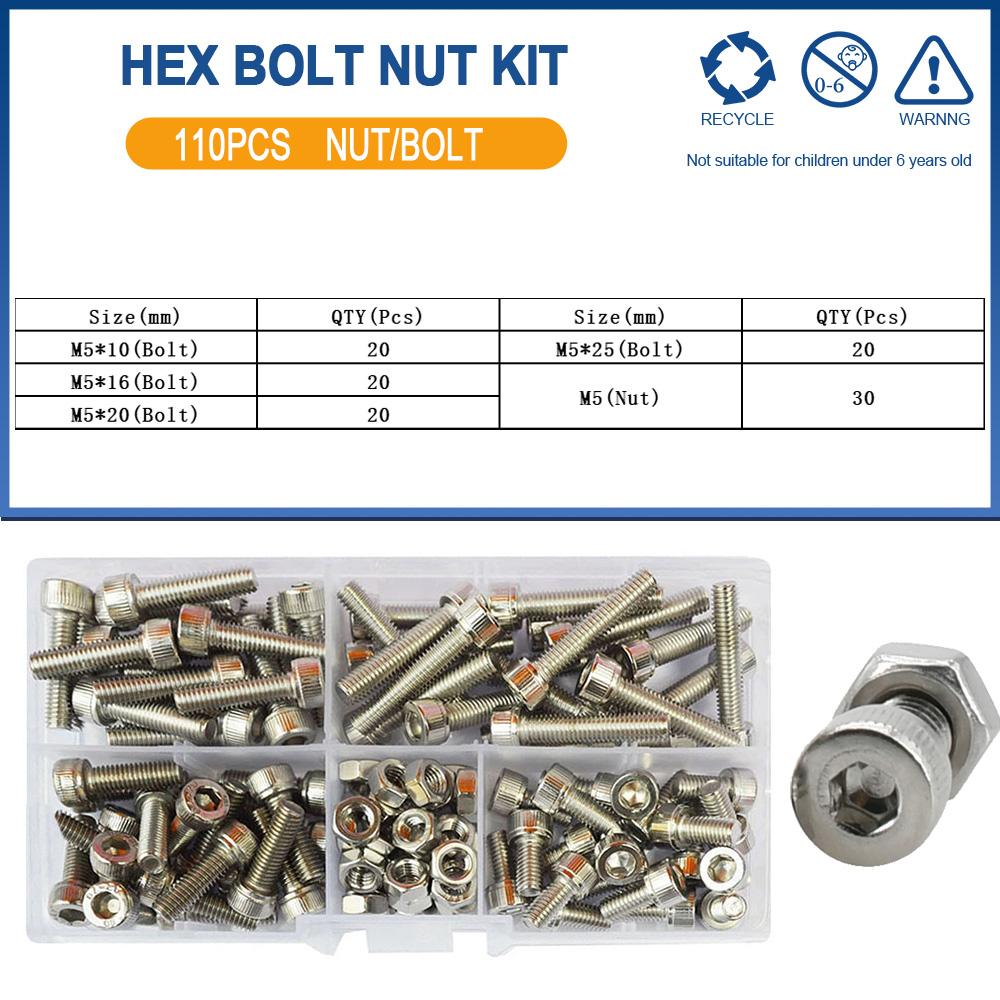304 Stainless Steel Bolts And Nuts Set M2 M3 M4 M5 M6 Hexagon Hex Socket Screws Allen Cap Head Bolt Nut Set Assortment Kit