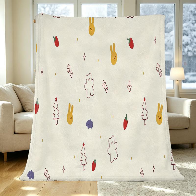 Thick Warm Flannel Blanket - Cartoon Bunny & Bear Print, Soft Cozy for Home Leisure, Guest Room Single Use, Ideal for Halloween & Christmas Decor