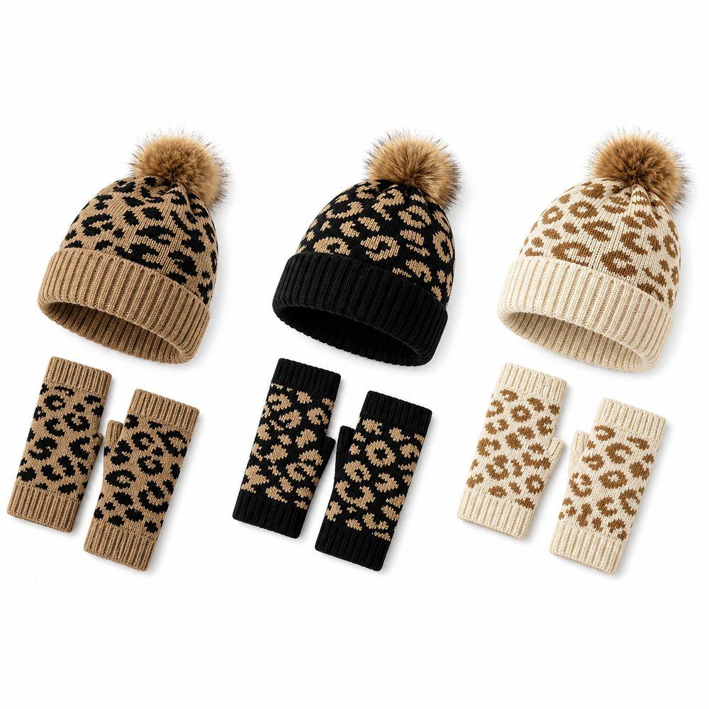 2Pcs/Set Warm Knit Beanie Leopard Knitted Winter Hat New Leopard Print Beanie Everyday Wear
