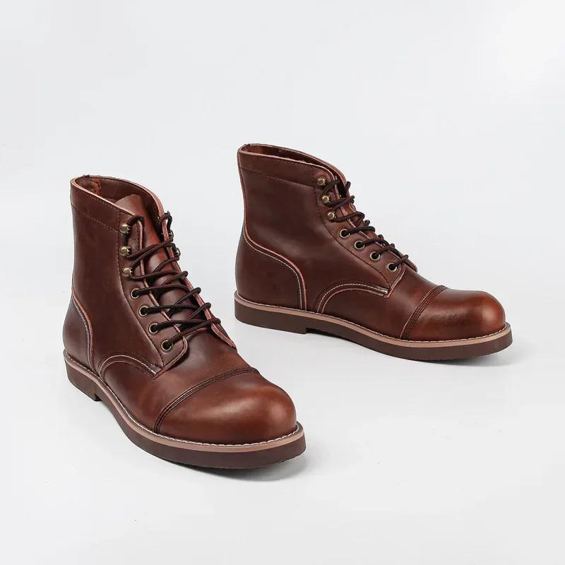 2024 Men Genuine Leather Boots High Quality Cowhide Handmade Stitch Wear-Resistant Retro Luxury Oil Wax Skin Boots