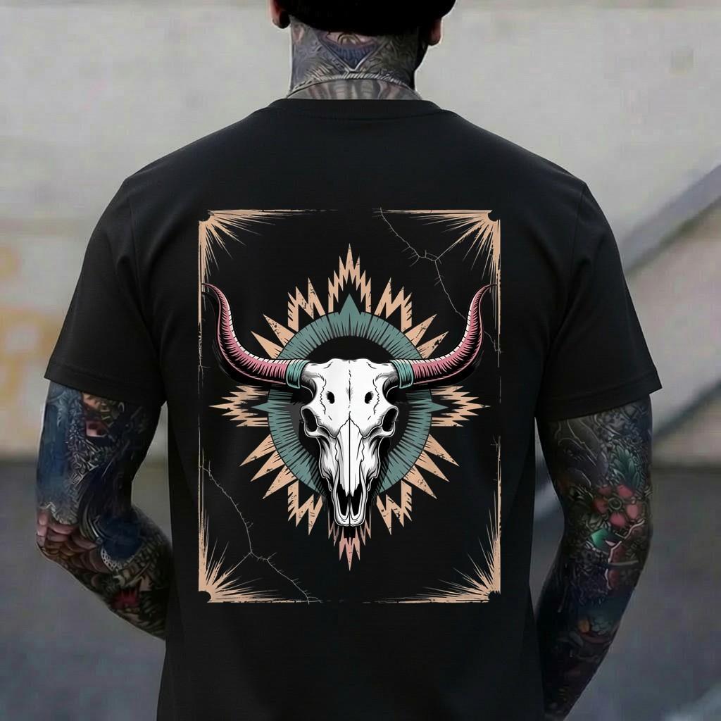 Boho Western Bull Skull Vintage Southwestern Desert Cow Art T-Shirt S